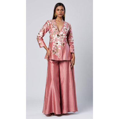 MADDER MUCH Pink Chanderi Silk V-Neck Embroidered Peplum Top With Palazzo