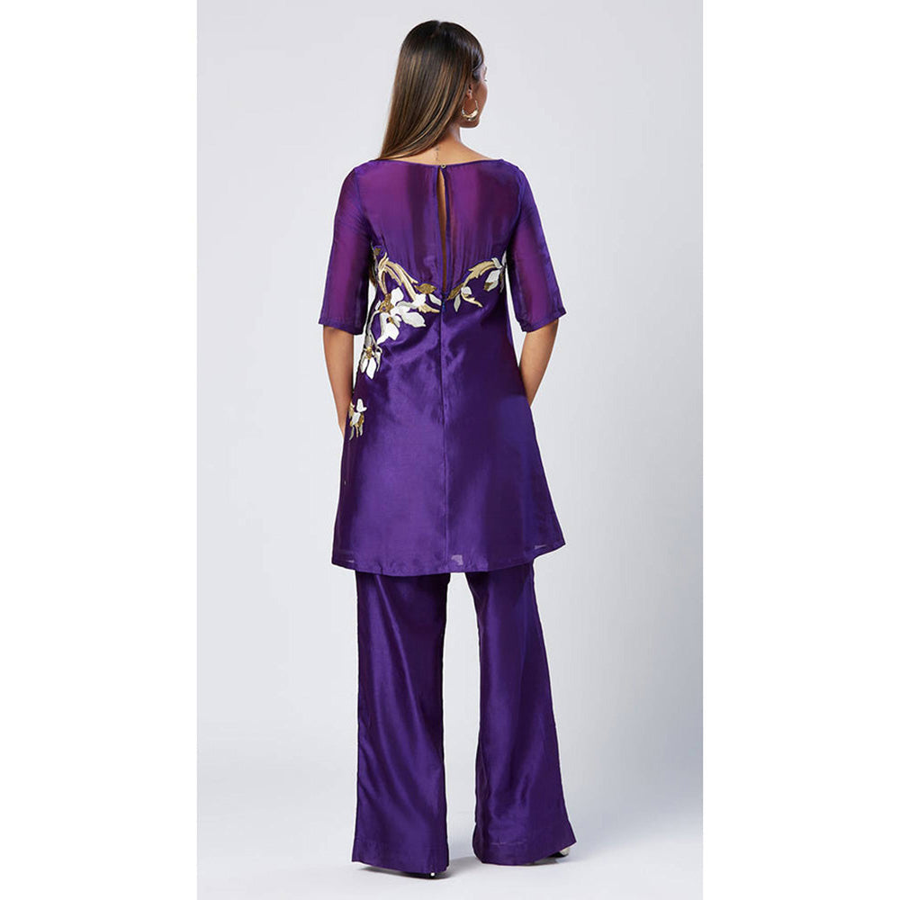 MADDER MUCH Purple Embroidered Boat Neck Kurta With Palazzo Co-ords