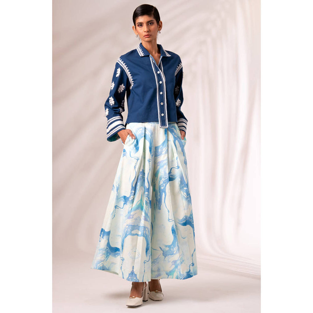 MADDER MUCH Indigo Embroidered Collar Neck Top With Palazzo