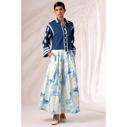 MADDER MUCH Indigo Embroidered Collar Neck Top With Palazzo