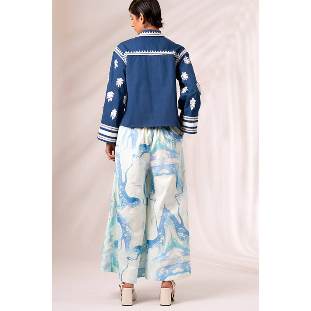 MADDER MUCH Indigo Embroidered Collar Neck Top With Palazzo