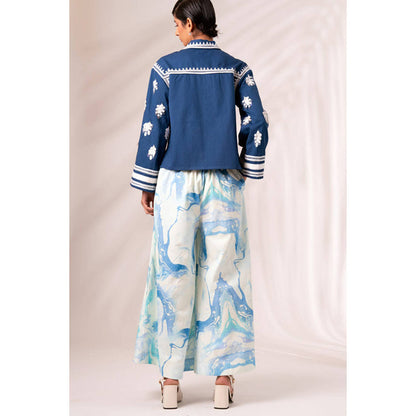 MADDER MUCH Indigo Embroidered Collar Neck Top With Palazzo