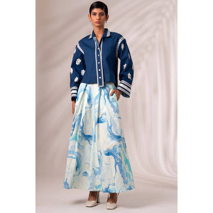 MADDER MUCH Indigo Embroidered Collar Neck Top With Palazzo