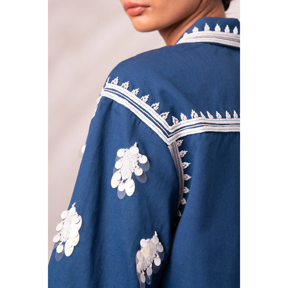 MADDER MUCH Indigo Embroidered Collar Neck Top With Palazzo