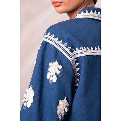 MADDER MUCH Indigo Embroidered Collar Neck Top With Palazzo