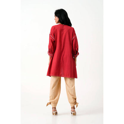 MADDER MUCH Red Cotton Round Neck Solid Top With Salwar