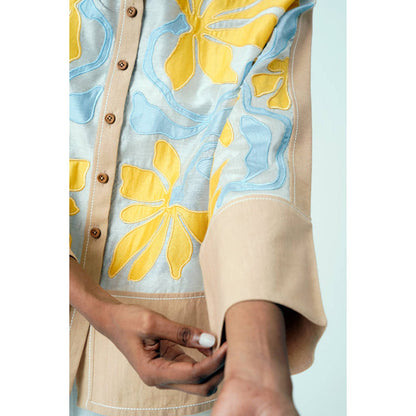 MADDER MUCH Bask and Pete Latte Panel Appliqued Top with White Pleated Pants