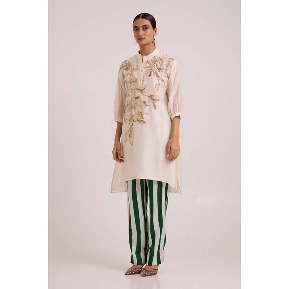 MADDER MUCH Women Beige Chanderi Floral Kurta with Pant
