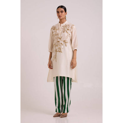 MADDER MUCH Women Beige Chanderi Floral Kurta with Pant