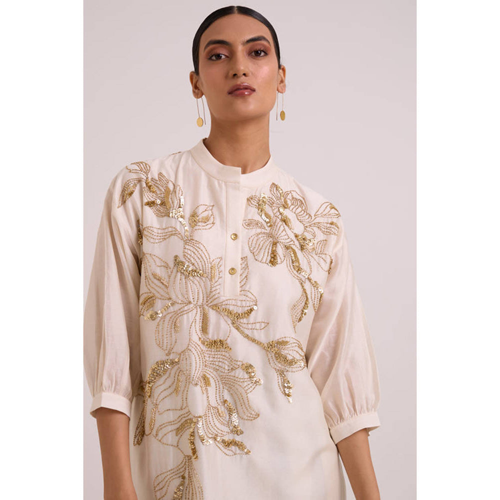 MADDER MUCH Women Beige Chanderi Floral Kurta with Pant