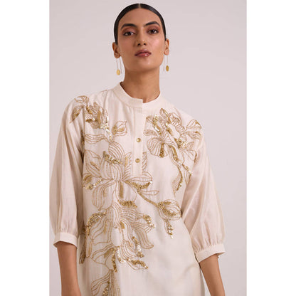 MADDER MUCH Women Beige Chanderi Floral Kurta with Pant