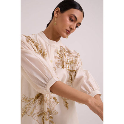 MADDER MUCH Women Beige Chanderi Floral Kurta with Pant