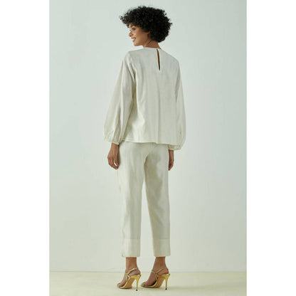 MADDER MUCH Women Off White Chanderi Silk Floral Top with Pant
