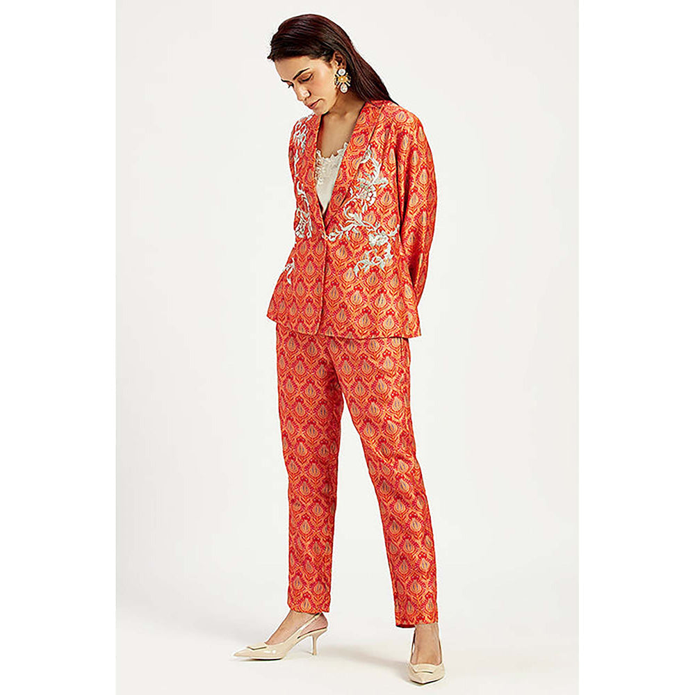 MADDER MUCH Raw Silk Red V-Neck Printed Top With Pant And Blazer Co-Ord's