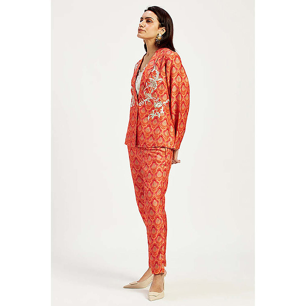 MADDER MUCH Raw Silk Red V-Neck Printed Top With Pant And Blazer Co-Ord's