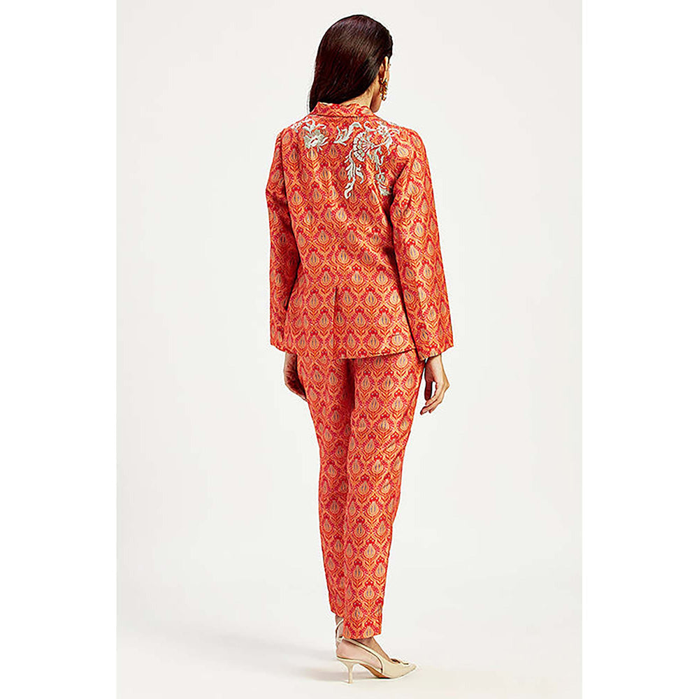 MADDER MUCH Raw Silk Red V-Neck Printed Top With Pant And Blazer Co-Ord's