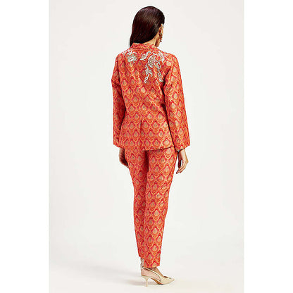 MADDER MUCH Raw Silk Red V-Neck Printed Top With Pant And Blazer Co-Ord's