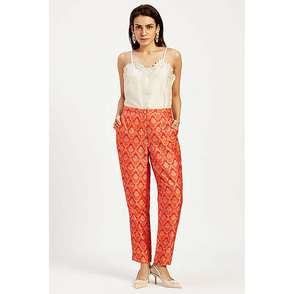 MADDER MUCH Raw Silk Red V-Neck Printed Top With Pant And Blazer Co-Ord's