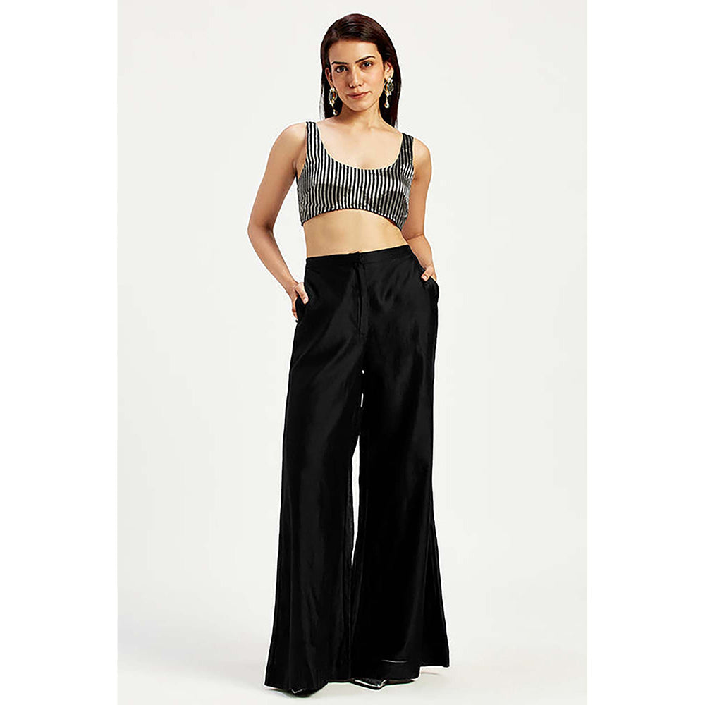 MADDER MUCH Cotton Black Round Neck Embroidered Top With Palazzo And Jacket