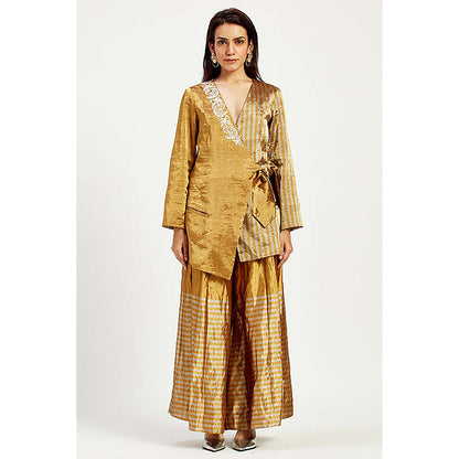MADDER MUCH Gold Cotton V-Neck Stripes Blazer With Pant