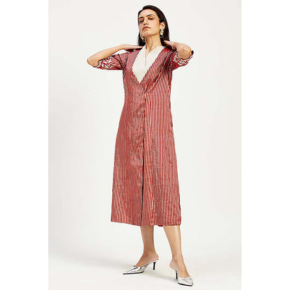 MADDER MUCH Red Cotton V-Neck Stripes Midi Dress
