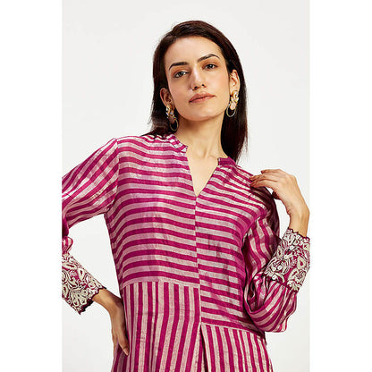 MADDER MUCH Pink Cotton Mandarin Neck Stripes Knee Length Dress
