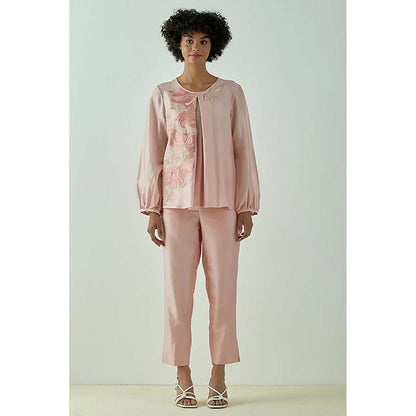 MADDER MUCH Pink Cotton Round Neck Embroidered Top with Pant