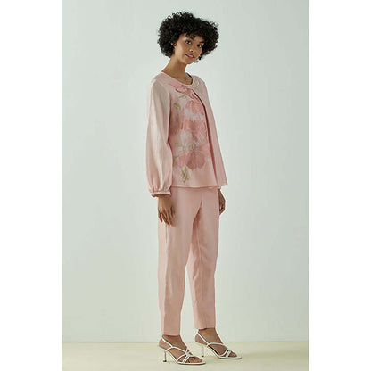 MADDER MUCH Pink Cotton Round Neck Embroidered Top with Pant
