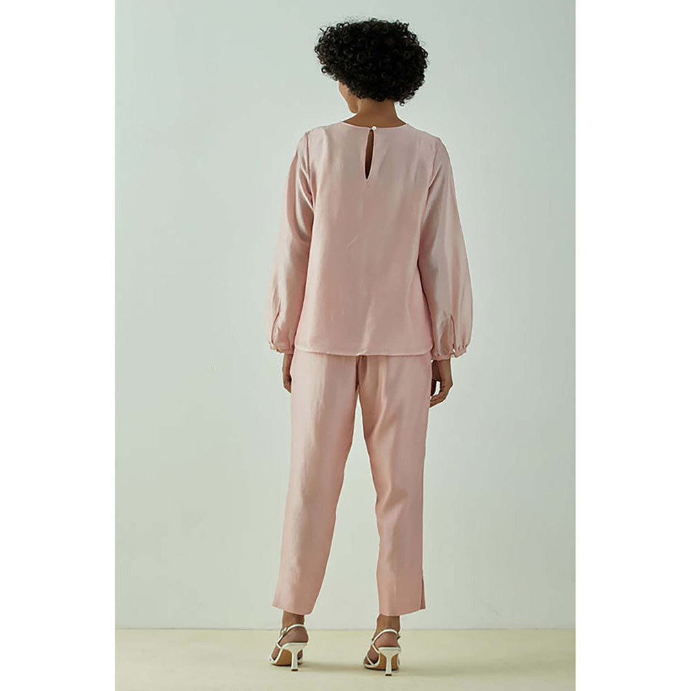 MADDER MUCH Pink Cotton Round Neck Embroidered Top with Pant