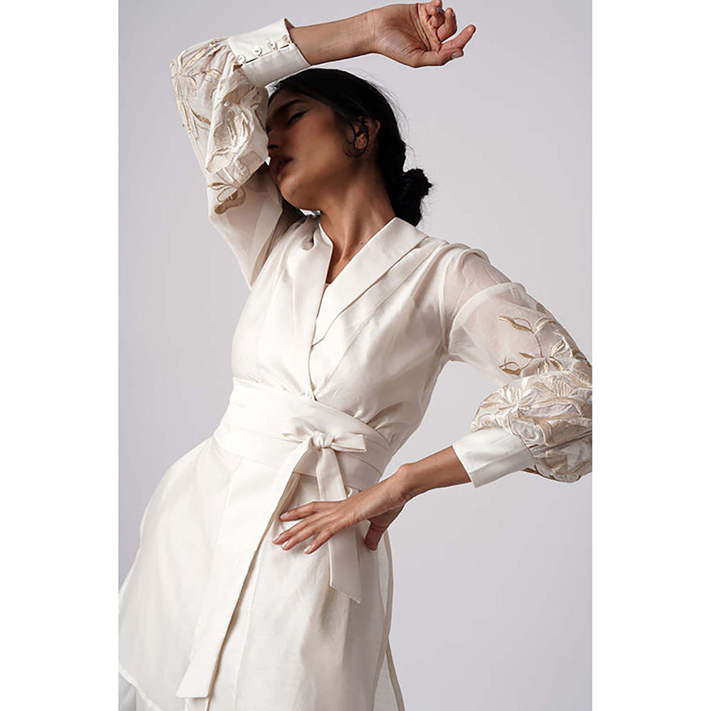 MADDER MUCH Cotton White V-Neck Solid/Plain Blazer Tunic with Pant and Belt Co-Ord's