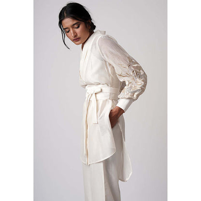 MADDER MUCH Cotton White V-Neck Solid/Plain Blazer Tunic with Pant and Belt Co-Ord's