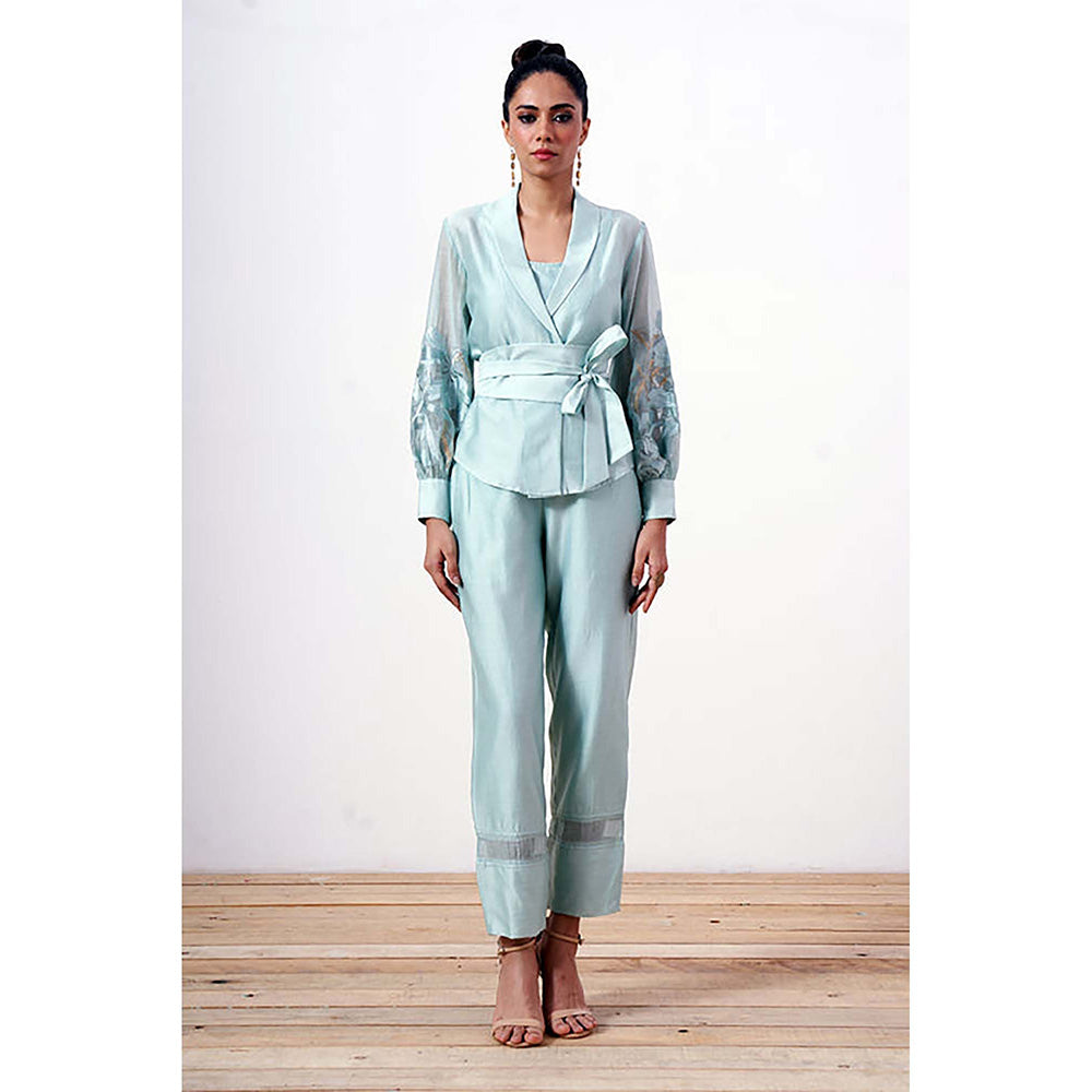 MADDER MUCH Cotton Blue V-Neck Solid/Plain Top with Pant Co-Ord's