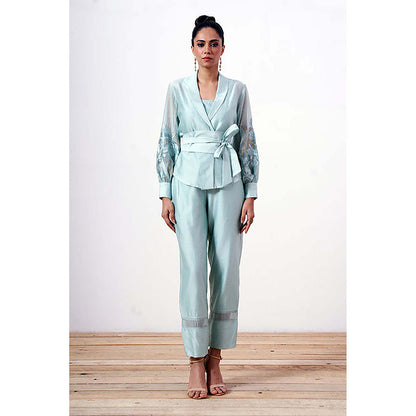 MADDER MUCH Cotton Blue V-Neck Solid/Plain Top with Pant Co-Ord's