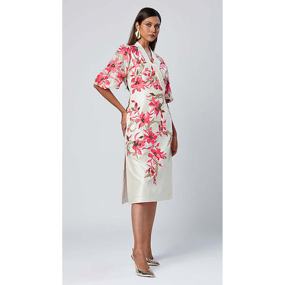 MADDER MUCH Off White Cotton V-Neck Embroidered Midi Dress