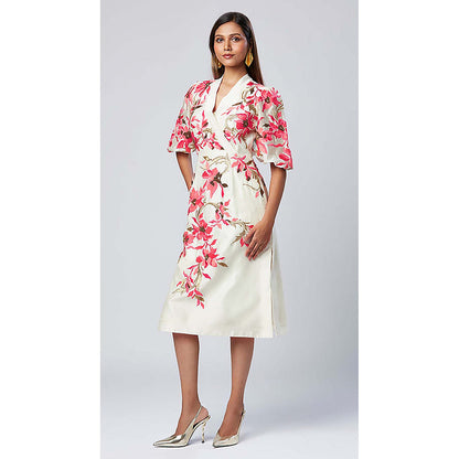 MADDER MUCH Off White Cotton V-Neck Embroidered Midi Dress