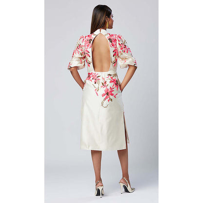 MADDER MUCH Off White Cotton V-Neck Embroidered Midi Dress