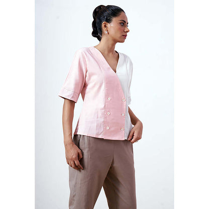 MADDER MUCH Cotton Pink V-Neck Colorblock Top With Pant Co-Ord's