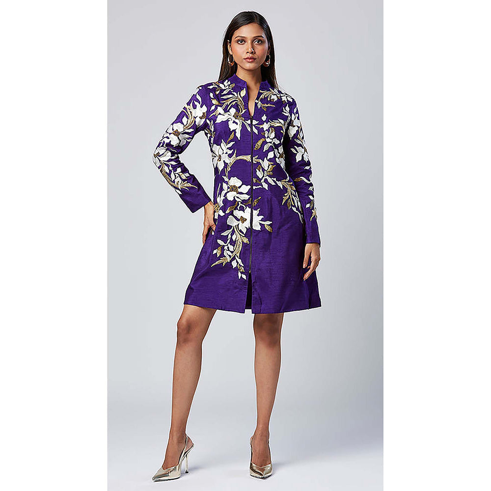 MADDER MUCH Purple Cotton Mandarin Neck Embroidered Knee Length Dress