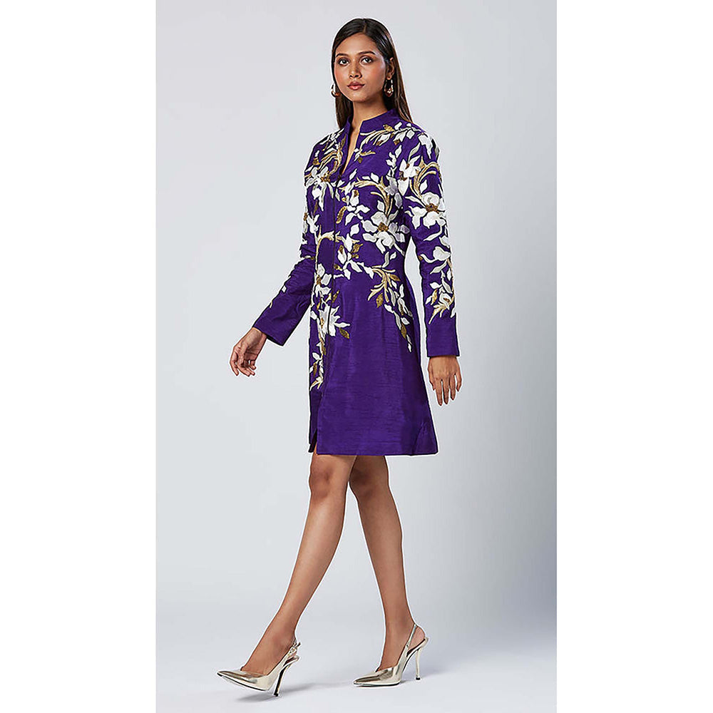 MADDER MUCH Purple Cotton Mandarin Neck Embroidered Knee Length Dress