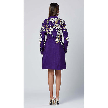 MADDER MUCH Purple Cotton Mandarin Neck Embroidered Knee Length Dress