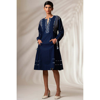 MADDER MUCH Indigo Cotton V-Neck Embroidered Midi Dress