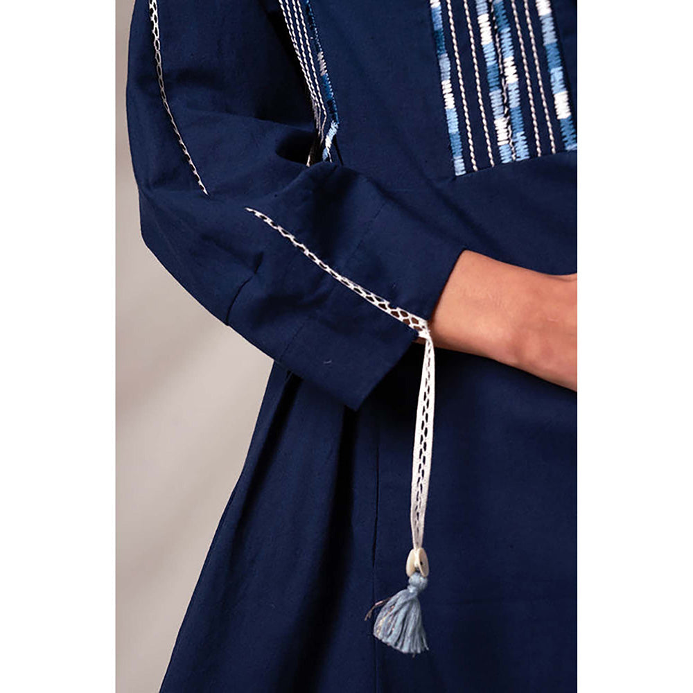 MADDER MUCH Indigo Cotton V-Neck Embroidered Midi Dress