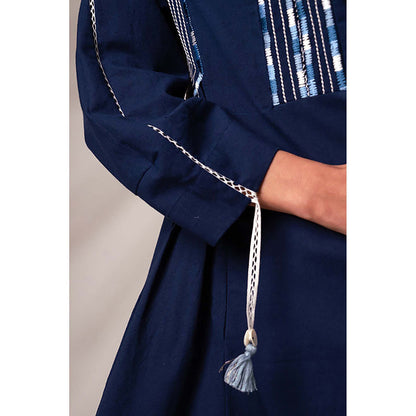 MADDER MUCH Indigo Cotton V-Neck Embroidered Midi Dress