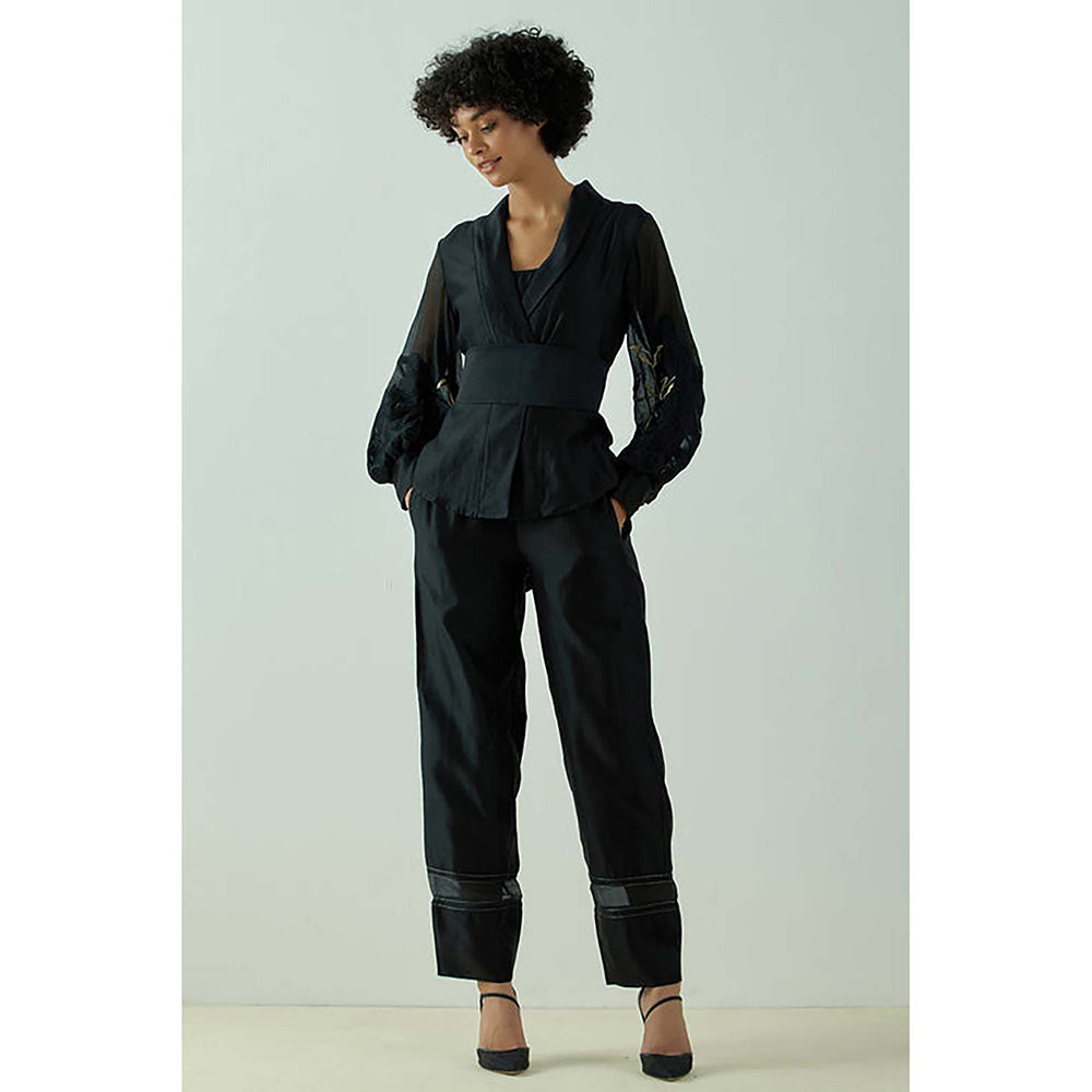MADDER MUCH Cotton Black V-Neck Stripes Top With Pant Co-Ord's
