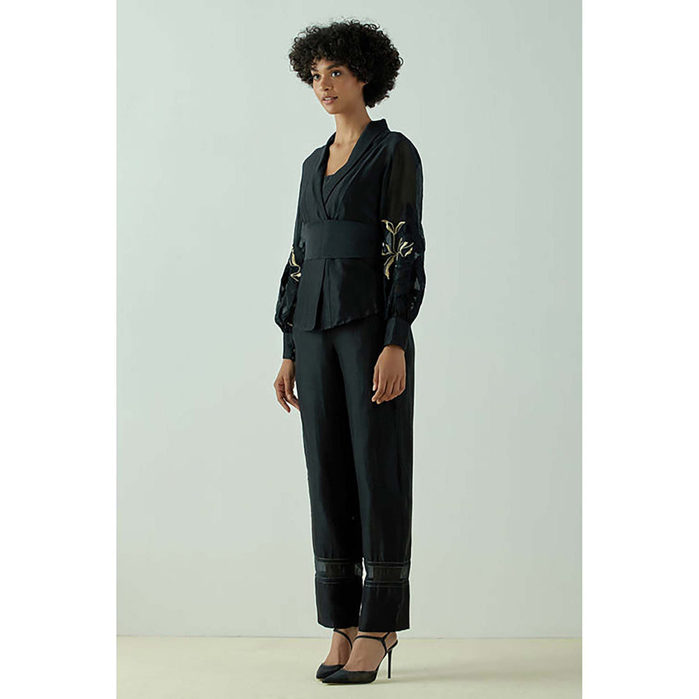MADDER MUCH Cotton Black V-Neck Stripes Top With Pant Co-Ord's