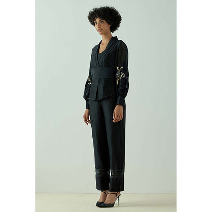 MADDER MUCH Cotton Black V-Neck Stripes Top With Pant Co-Ord's