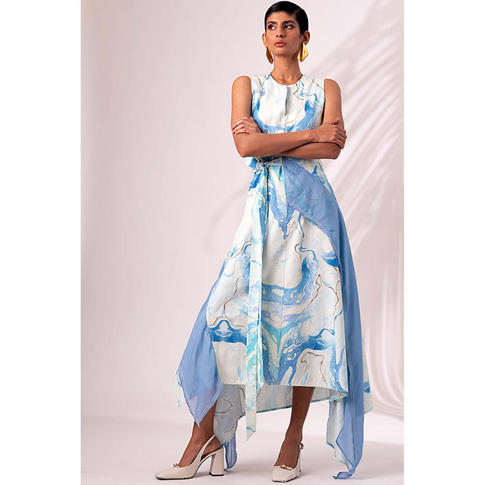 MADDER MUCH Blue Cotton Round Neck Abstract Midi Dress