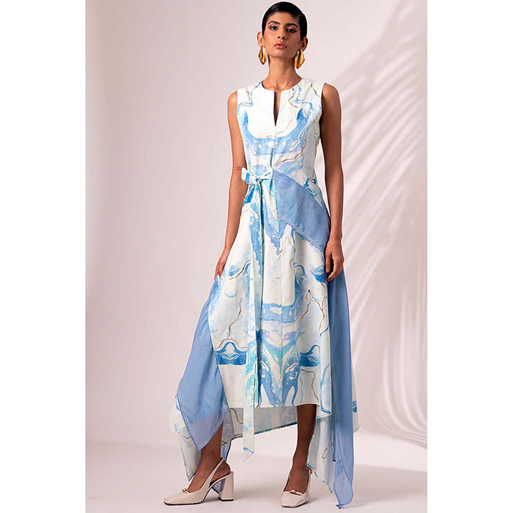 MADDER MUCH Blue Cotton Round Neck Abstract Midi Dress