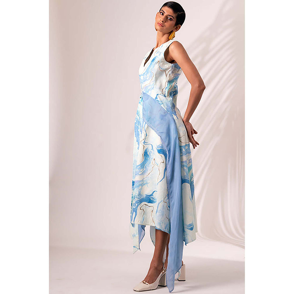 MADDER MUCH Blue Cotton Round Neck Abstract Midi Dress