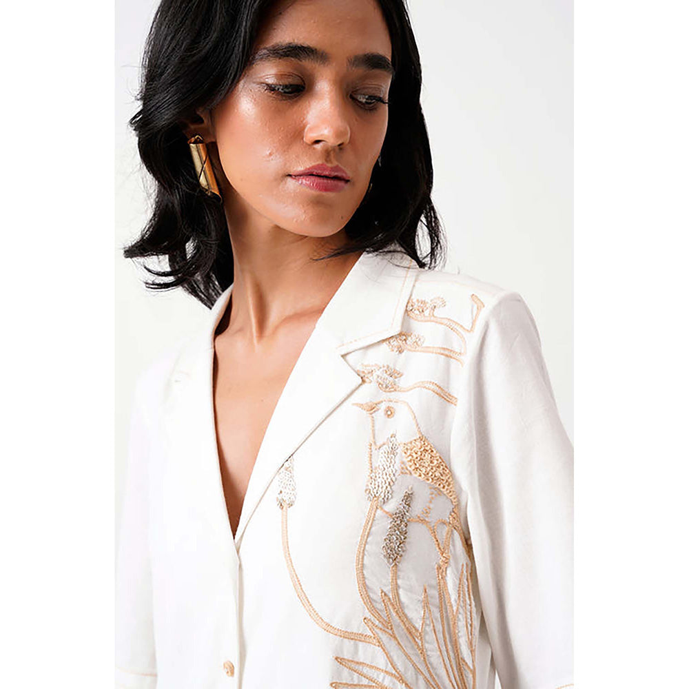 MADDER MUCH White Cotton Notched Lapel Embroidered A-Line Mini Dress